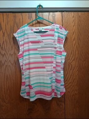 Liz Claiborne Striped Cap-Sleeve Top in Pink and Teal